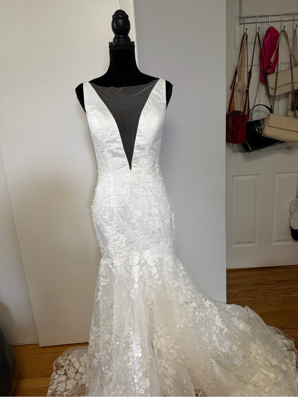 White Lace Mermaid Wedding Dress with Illusion V-Neck